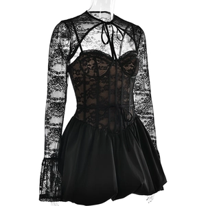 Detail of black lace long-sleeve top with lace-up hollow design and A-line mini skirt