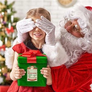 Christmas gift box with festive stickers featuring Santa and a surprised girl scene