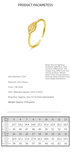 Size guide for S925 sterling silver eye ring showing diameter and adjustable fit details