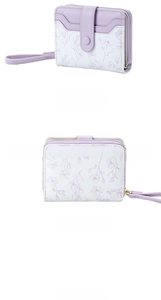 Floral women's short wallet with lavender flower patterns and leather wrist strap