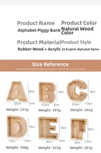 Size chart showing dimensions and weight for alphabet shaped wooden money banks
