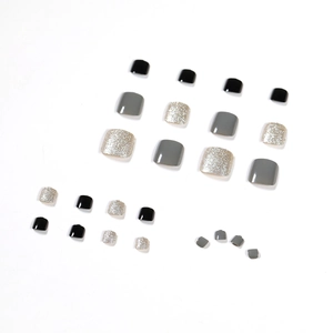 Morandi tone summer press-on toenails set in black, gray, and silver glitter finish