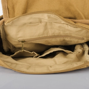 Minimalist khaki canvas crossbody bag with interior zip pocket and functional storage compartments