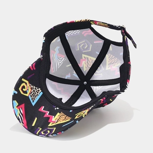 Graffiti print baseball cap with neon 90s patterns and adjustable metal buckle