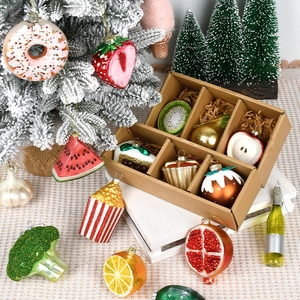 Christmas painted glass ornaments featuring strawberries, donuts and colorful food shapes