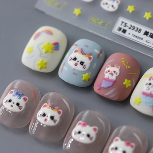 3D embossed cartoon cat and mermaid nail art stickers with yellow star decorations
