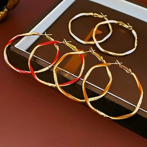 Three-color oversized irregular enamel hoop earrings in gold finish with vintage design