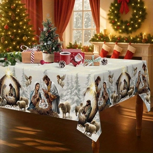 Nativity scene tablecloth featuring Mary, Joseph, and baby Jesus in a festive setting