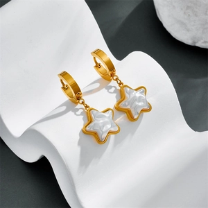 Elegant gold hoop earrings with white mother-of-pearl star pendants for women