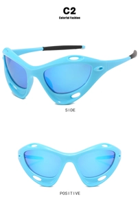 Front and side view of Y2K sky blue sports sunglasses with futuristic blue coated lenses