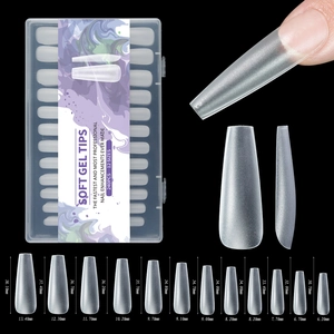 Size chart for silver-grey long coffin soft gel nail tips with detailed dimensions
