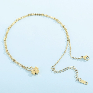 Goldene Halskette aus Edelstahl mit Kleeblatt-Anhänger, Zirkon und eleganter Perlenkette