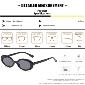 Detailed size chart for retro oval sunglasses with frame dimensions and specifications