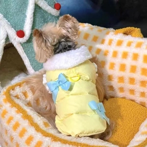 Yellow quilted pet vest with light blue bow and fur collar for small dogs and cats