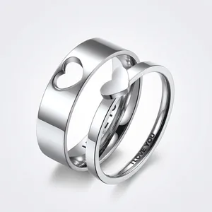 Heart Shaped Couple Rings Stainless Steel Engraved I Love You Hollow Out Polished Promise Jewelry For Lovers