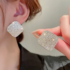 Elegant geometric square micro-pave rhinestone stud earrings with silver needles for women