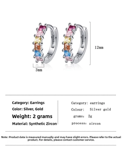 Detailed view of rainbow zircon hoop earrings with 12mm diameter and 3mm width