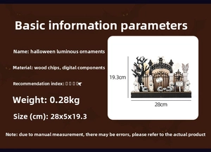 Detailed view of wooden Halloween ornament with glowing cemetery gate and bat silhouette