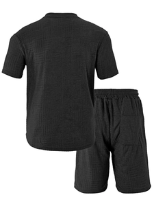 Detail of black men's summer set with 3D waffle texture on back of t-shirt and shorts