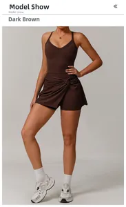Detail of dark coffee cross-waist skort and racerback tank top for tennis or fitness