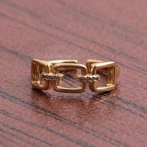 Double-layered gold chain ring with purple zircon inlay and adjustable open band design