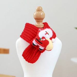 Close-up of a festive red knitted pet scarf featuring a 3D Santa Claus plush doll decor