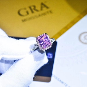 Luxury princess cut pink crystal ring with yellow diamond halo in silver finish