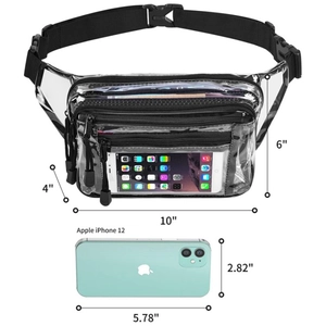 Clear multi-pocket PVC waist bag with black zipper detail showing size and capacity