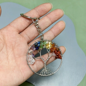 Detailed close-up of a Tree of Life keychain with colorful natural seven chakra stones