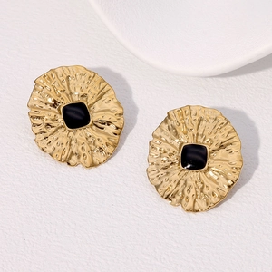 Vintage French style gold stainless steel irregular earrings with black square center