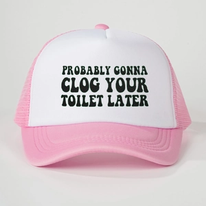 Pink and white trucker hat featuring bold black humor slogan print and adjustable mesh