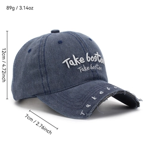 Distressed dark blue denim baseball cap with white Take Boston embroidery and dimensions