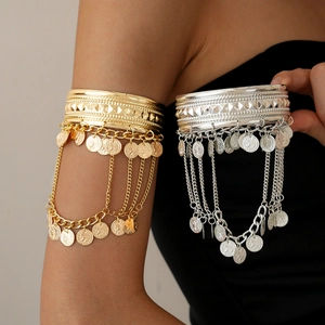 Bohemian Alloy Coin Tassel Arm Cuff Bracelet Retro Metallic Embossed Adjustable Open Armband Women Vintage Jewelry