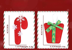 Detail view of felt candy cane and bell ornaments with dimensions and weight labels
