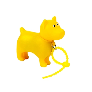 Close-up of yellow dog-shaped waste bag dispenser with portable beaded keychain chain