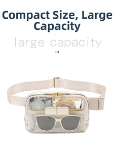 Detail of transparent beige waist bag showing large capacity for essentials