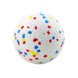 High-elastic ETPU pet ball with colorful red, blue and yellow splatters on white