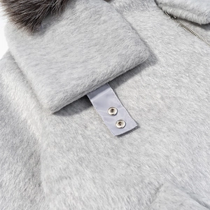 Close-up of faux fur collar and metal snap buttons on a padded jacket detail