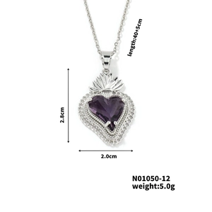 Detail view of heart purple gemstone necklace with 2.8x2.0cm pendant size and chain info