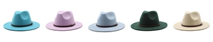 Detailed display of wool fedora hats in five colors with leather buckle bands