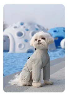 Detail shot of breathable light gray waterproof pet jumpsuit on a white dog outdoors