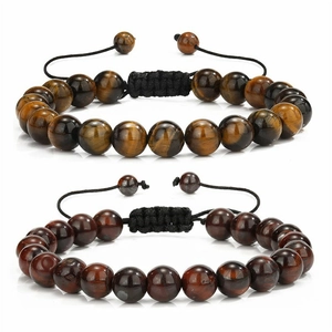 Adjustable 8mm natural tiger eye and turquoise braided stone bracelets for couples