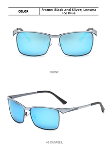Front and 45-degree views of polarized rectangle metal sunglasses with blue mirrored lenses