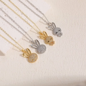 Minimalist rabbit pendant necklace with zircon stones in gold and silver finish