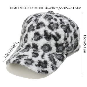 Detailed size chart for the leopard print faux fur baseball cap showing all dimensions