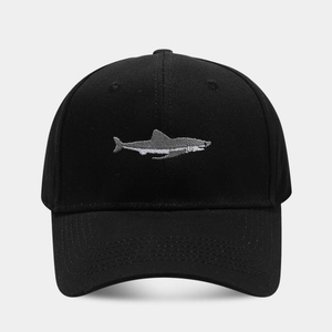 Classic black cotton baseball cap with detailed shark embroidery and curved brim