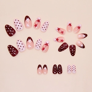 French style star and polka dot press on nails in burgundy and pink palette