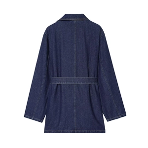 Robe longue en jean bleu foncé classique avec manches longues et ceinture à nouer