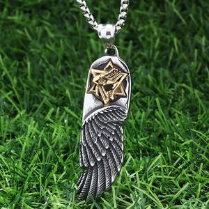 Retro stainless steel necklace with wing, star, and all-seeing eye pendant on grass