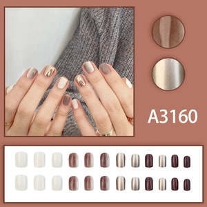 Brown and white gradient square press-on nails with metallic accents 24pcs set